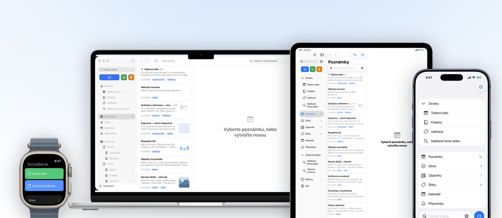 NotaBene na MacBooku, iPadu a iPhonu — třísloupcové rozložení s úkoly, kalendářem a přepisem nahrávky