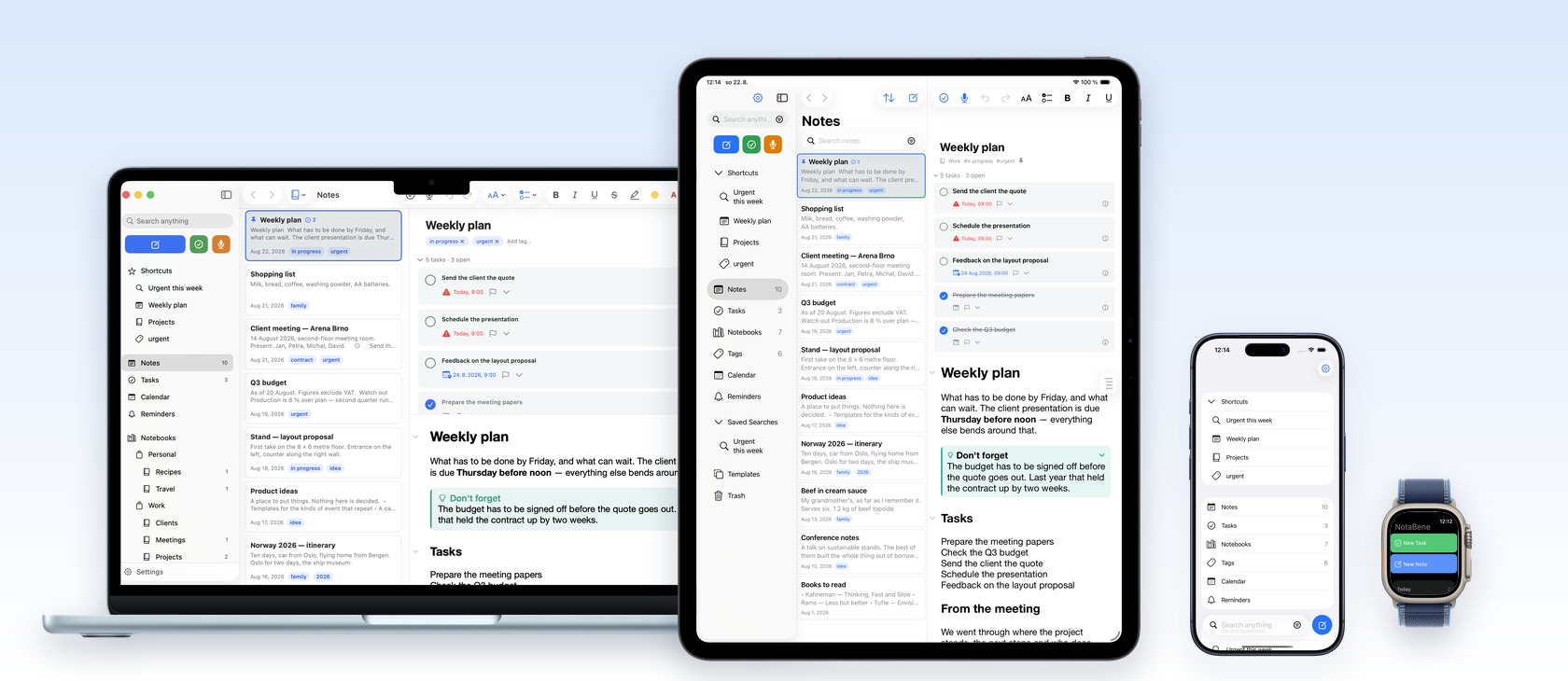 NotaBene on a MacBook, an iPad and an iPhone — the three-column layout with tasks, calendar and a recording transcript