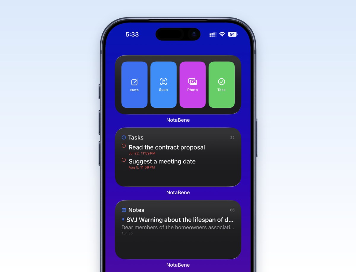 Widgets on the Home Screen — NotaBene